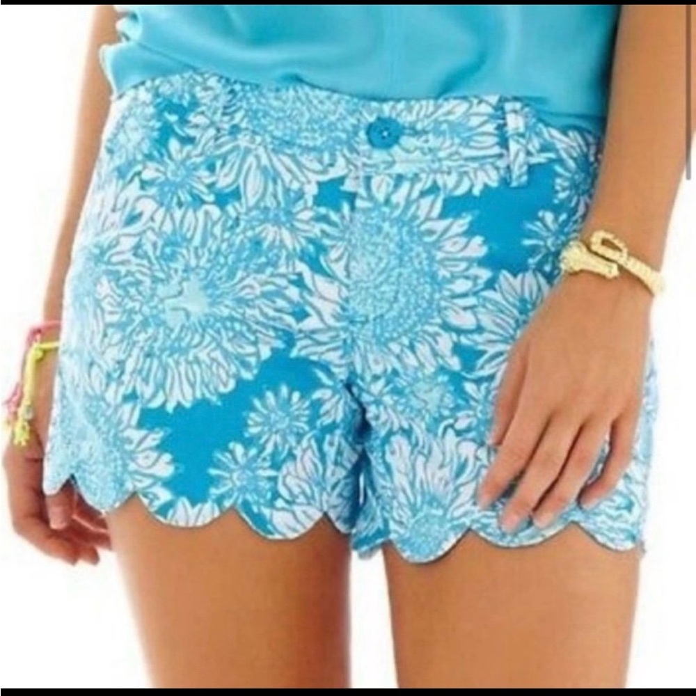 Lilly Pulitzer Buttercup Shorts Lion In the Sun Sz 0 Teal and White Scalloped